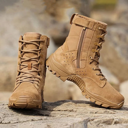 Botas impermeables de piel de vacuno para hombre, ideales para senderismo, escalada y actividades al aire libre en verano. Resistentes al desgaste, antideslizantes y con cremallera lateral. Diseño moderno con cordones.