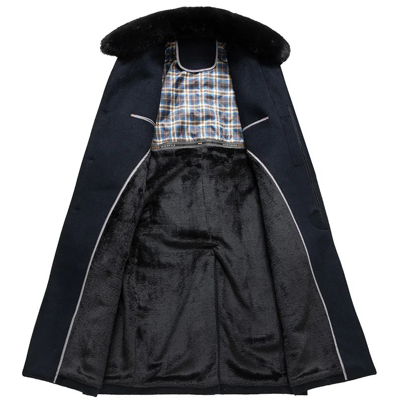 Abrigos de lana con cuello de piel para hombre, estilo informal de negocios, chaquetas extralargas de cachemir, gabardinas de invierno, forro polar de alta calidad para hombre, mezcla de lana cálida