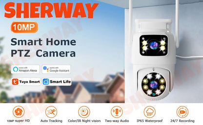 Cámara de seguridad exterior Tuya WiFi PTZ de 10 MP con doble lente, pantalla dual 4K, seguimiento automático y monitoreo de videovigilancia.