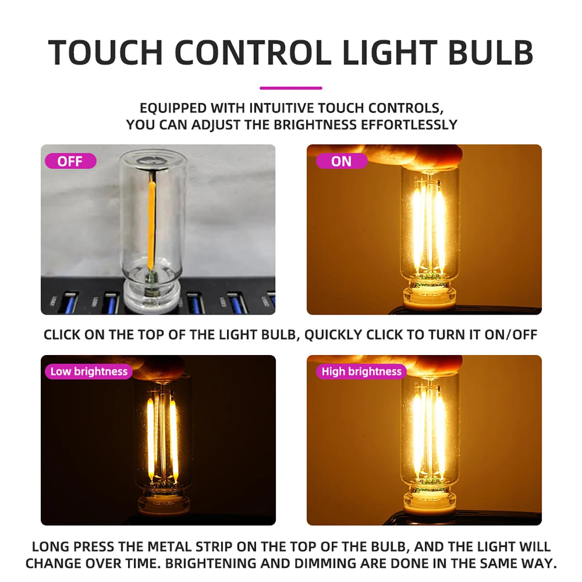 Luz nocturna USB con atenuación táctil, bombilla LED incandescente de filamento, iluminación interior de coche, lámpara de ambiente para sala de fiestas y coche.