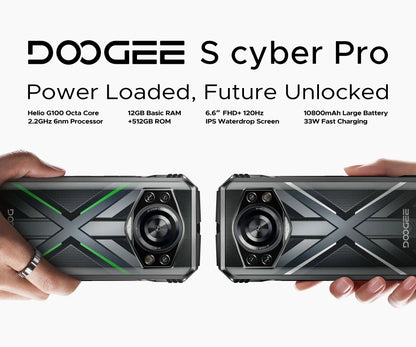 Teléfono resistente DOOGEE S Cyber ​​Pro, 12 GB de RAM, 512 GB de almacenamiento, procesador Helio G100, pantalla IPS FHD+ de 6,6" y 120 Hz, batería de gran capacidad de 10800 mAh, carga de 33 W y NFC.