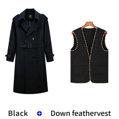 Super long windbreaker down liner  weatherproof men's trench coat British trend black trench coat men's casual coat