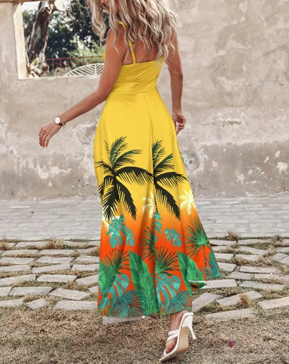 Boho Beach Sexy New Long Dresses Women Fashion Floral Print V-Neck Slim Sleeveless Backless Beach Maxi White Dress Elegant Robe