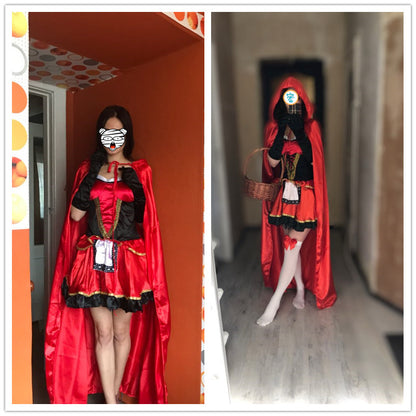 Women Little Red Riding Hood Costume Fancy Adult Halloween Cosplay Fantasia Carnival Fairy Tale Girl Dress+Cloak Women Party Set
