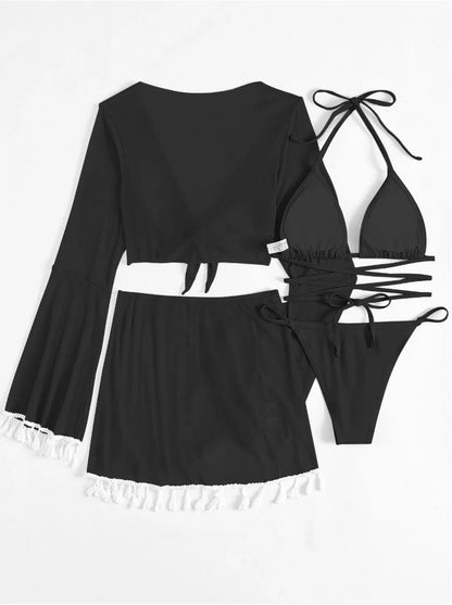 4 Piece Swimming Suit Women Beach Wear Solid Tassel Cover Up Mesh Mini Skirt Bikinis Set Cute Swimming Pool Outfit Summer