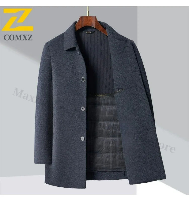 2025 Winter Men Wool Blend Overcoat Mid Length Double Faced Thick Warm Coat Detachable Goose Down Inner Premium TrenchCoat