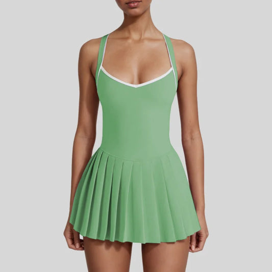 Vestido de yoga de una pieza para mujer con almohadillas para el pecho, falda plisada con bloques de color, alta elasticidad, secado rápido, antiexposición, falda de tenis y golf.