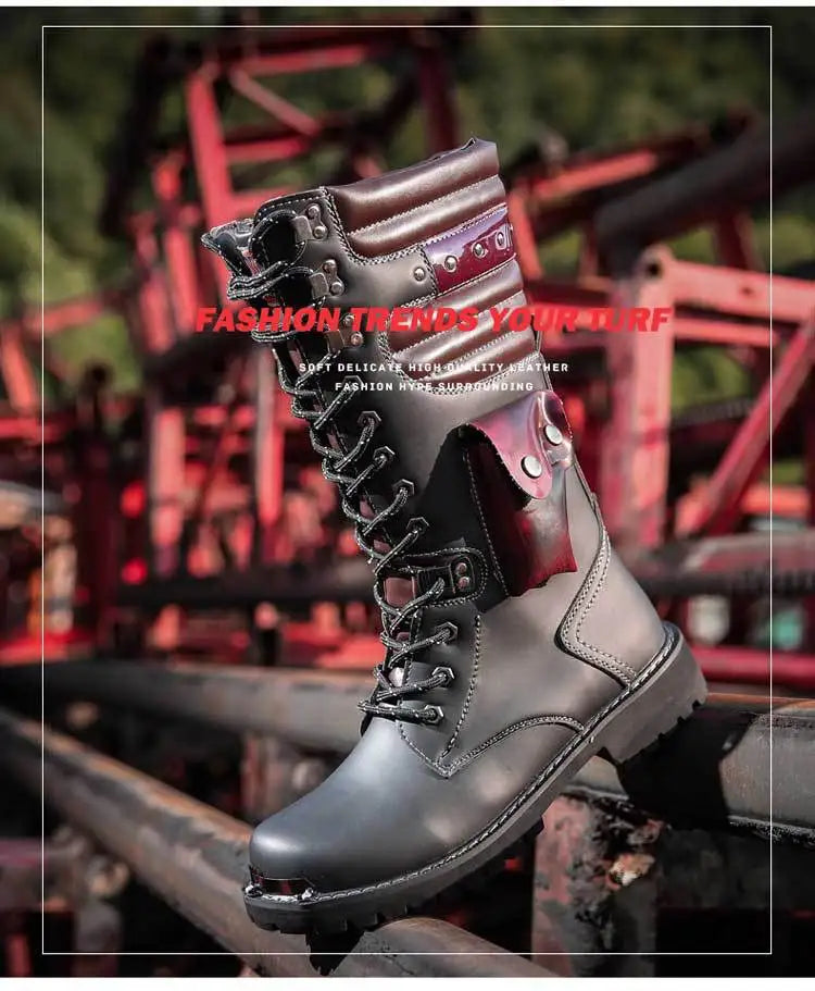 Botas altas de cuero para hombre, estilo motero, de invierno, estilo gótico punk, para hombre, estilo militar informal, para uso exterior.