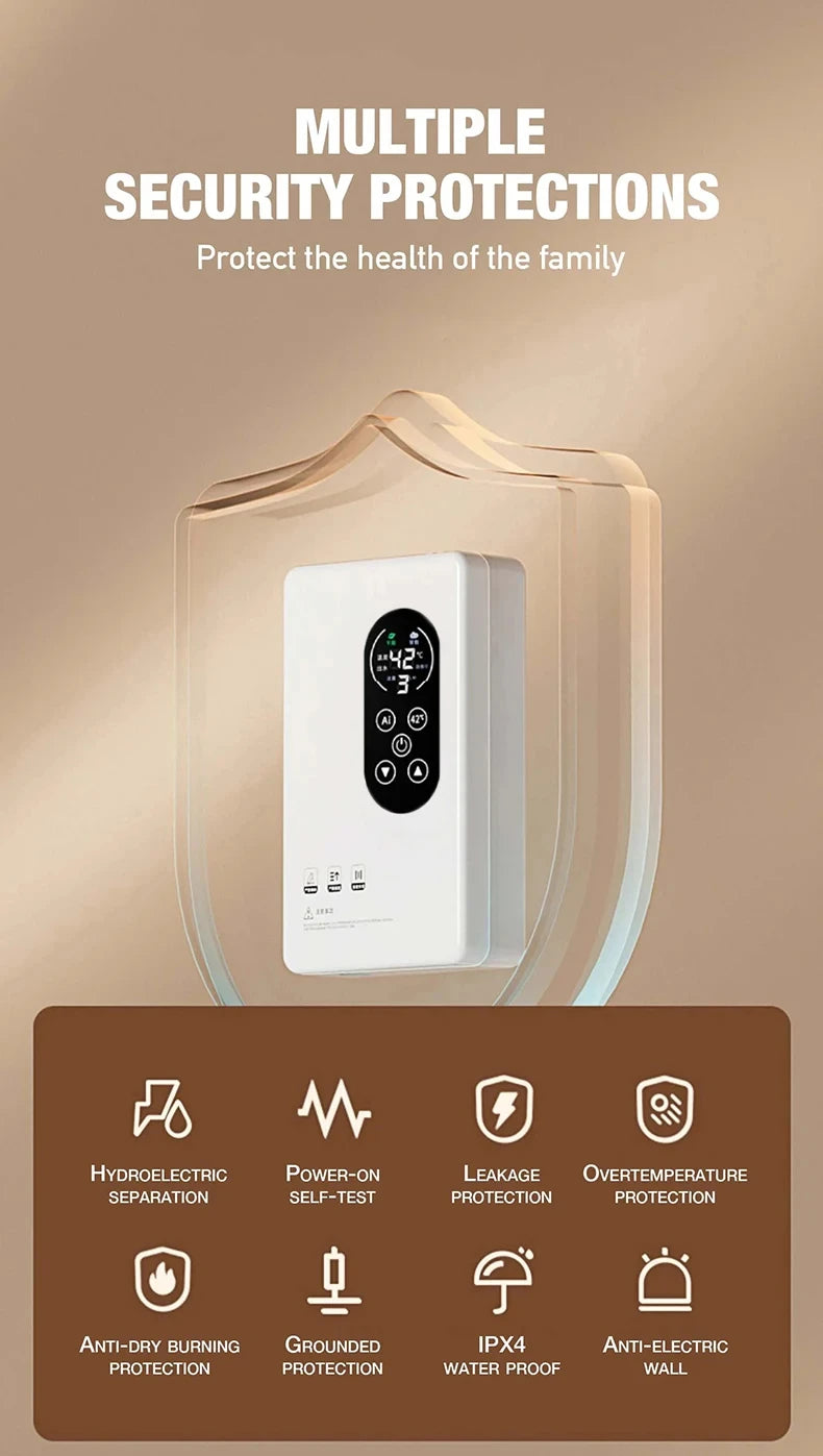 Calentador de agua instantáneo inteligente de pared con ducha eléctrica sin tanque y calentamiento rápido. Termostato para baño y cocina. 110V/220V