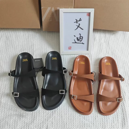 Sandalias planas ZAR para mujer, de satén de seda, con hebilla y diamantes, negras, modernas, sin cordones.
