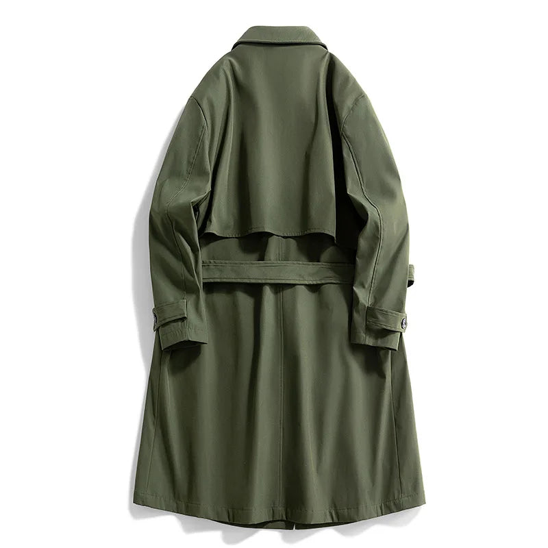 Gabardina larga de hombre, verde militar, corte ajustado, cruzada, con solapa de muesca, cortavientos, ideal para primavera y otoño, estilo casual para actividades al aire libre.
