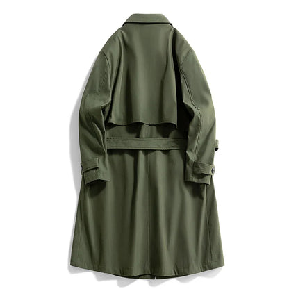 Gabardina larga de hombre, verde militar, corte ajustado, cruzada, con solapa de muesca, cortavientos, ideal para primavera y otoño, estilo casual para actividades al aire libre.
