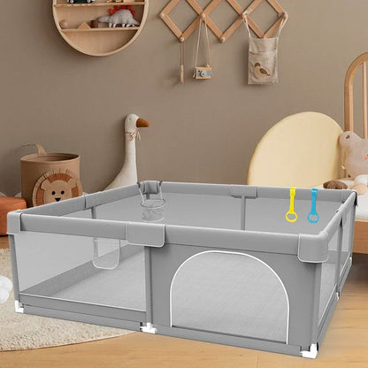 Corralito para bebés IMBABY gris claro con anilla de tiro, barrera de seguridad para niños, cerca y caja de pelota para juegos.