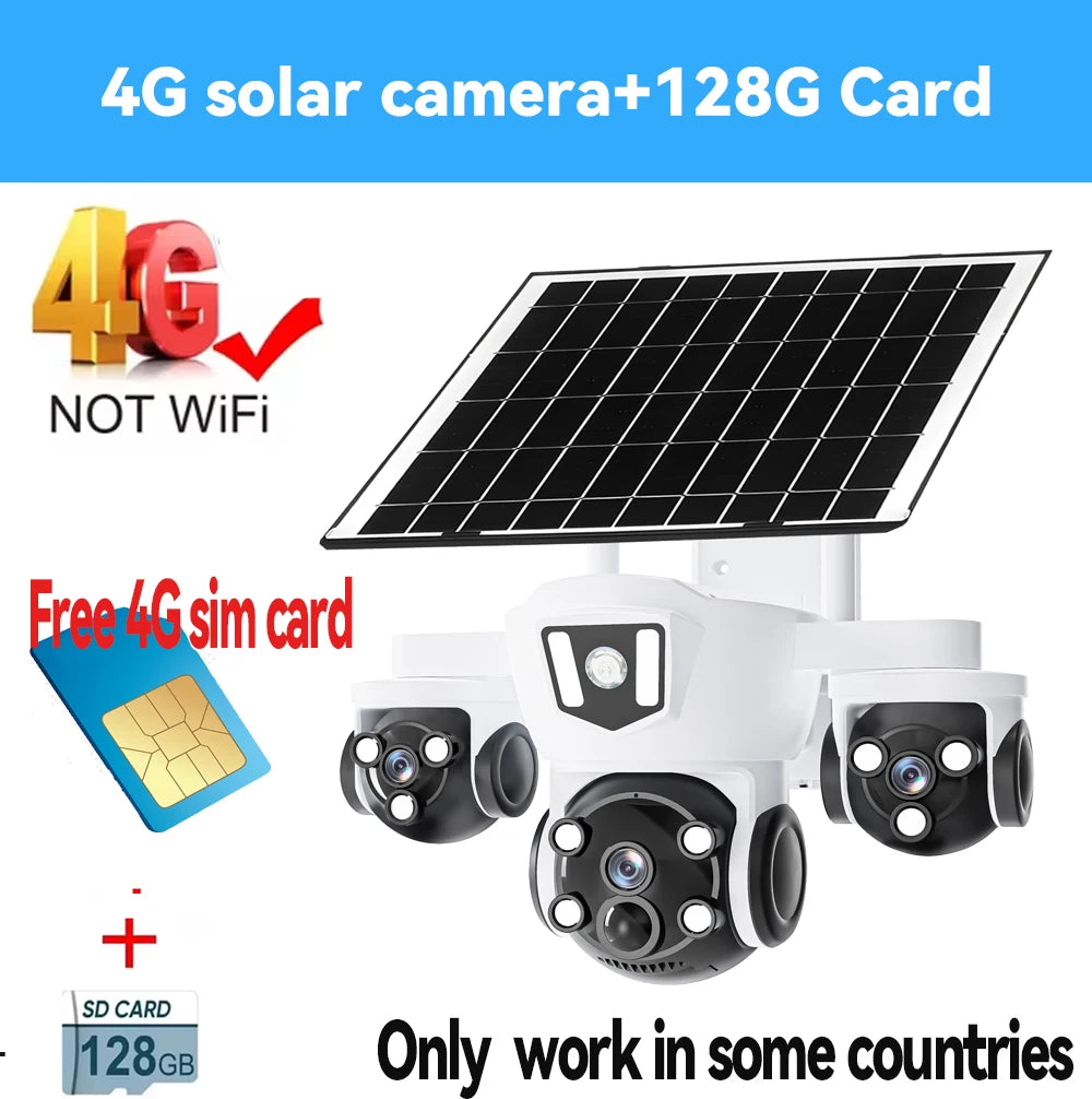 Cámara solar inalámbrica WiFi DIFANG V380 Pro para exteriores con tres pantallas, tarjeta SIM 4G y batería. Sistema de videovigilancia solar con tres lentes y batería.