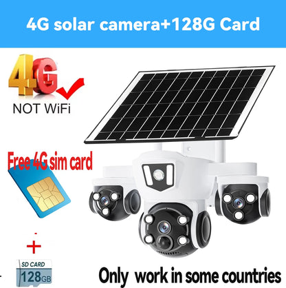 Cámara solar inalámbrica WiFi DIFANG V380 Pro para exteriores con tres pantallas, tarjeta SIM 4G y batería. Sistema de videovigilancia solar con tres lentes y batería.