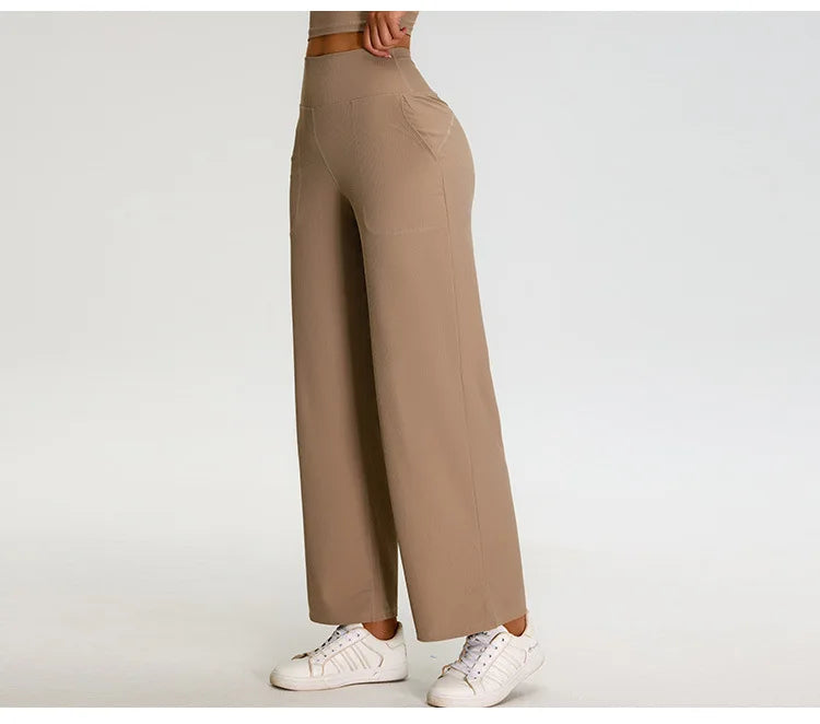 Pantalones de Yoga acanalados para mujer, leggings deportivos para gimnasio, leggings de cintura alta para fitness, pantalones deportivos para correr al aire libre, pierna recta.