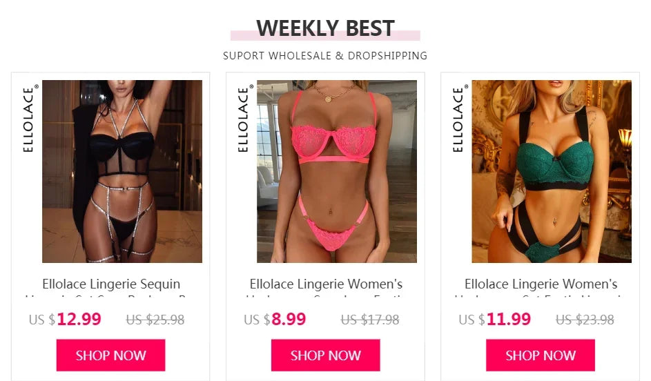 Ellolace Lencería sexy de encaje para mujer, conjunto de 3 piezas, sujetador transparente, conjunto de fiesta, lencería negra, body, conjuntos sexys