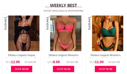 Ellolace Lencería sexy de encaje para mujer, conjunto de 3 piezas, sujetador transparente, conjunto de fiesta, lencería negra, body, conjuntos sexys