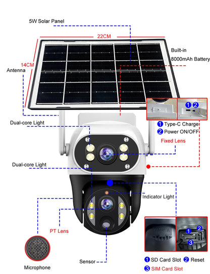 Cámara solar con tarjeta SIM 4G, lente dual de 12 MP, resistente al agua, para exteriores, CCTV, protección de seguridad V380 Pro, batería integrada.