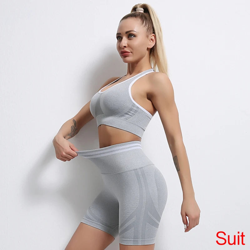 Conjuntos de ropa deportiva de media pieza sin costuras para mujer, conjuntos de gimnasio de manga larga, sujetador deportivo de yoga, leggings push up y mallas deportivas.