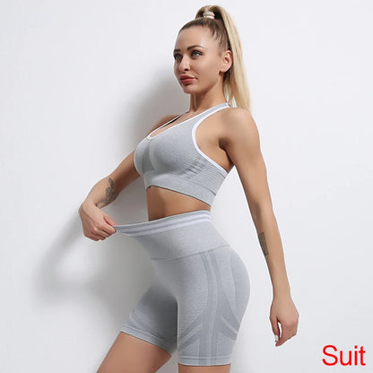 Conjuntos de ropa deportiva de media pieza sin costuras para mujer, conjuntos de gimnasio de manga larga, sujetador deportivo de yoga, leggings push up y mallas deportivas.