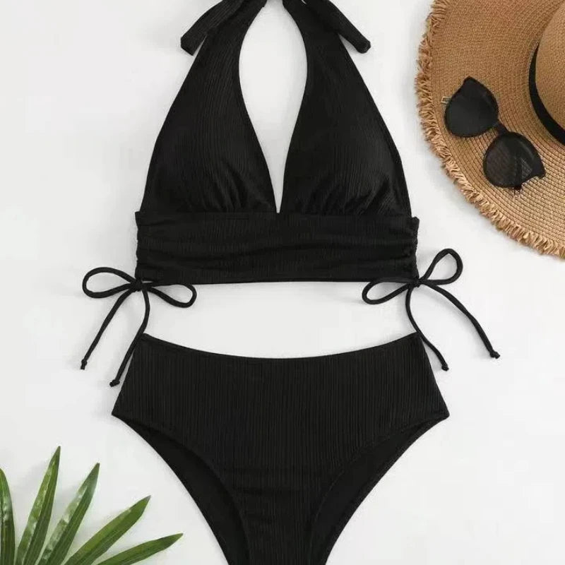 Conjunto de bikini de verano 2025 para mujer, traje de baño de dos piezas con cuello halter de color liso, traje de baño de secado rápido, conjunto de bikini con corsé para vacaciones, ropa de playa