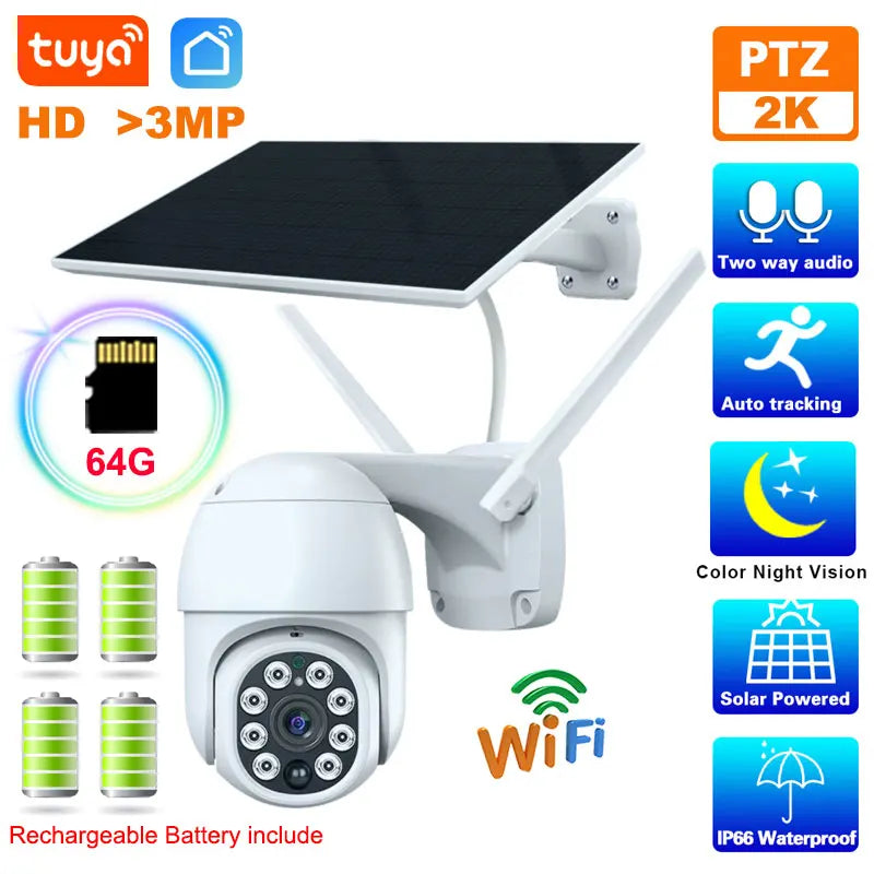 Cámara solar WiFi Tuya para exteriores, resistente al agua, 3 MP, 5 W, batería de 10000 mAh, aplicación Smart Life, PTZ inalámbrico, PIR, CCTV, seguimiento automático, 2K
