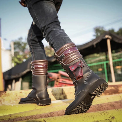 Botas altas de cuero para hombre, estilo motero, de invierno, estilo gótico punk, para hombre, estilo militar informal, para uso exterior.