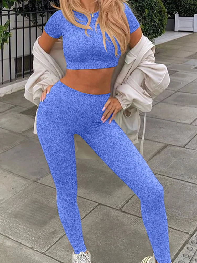 Conjunto de yoga de verano para mujer, cuello redondo, cintura alta, levantamiento de cadera, ajustado, moldeador, conjunto deportivo de dos piezas para fitness