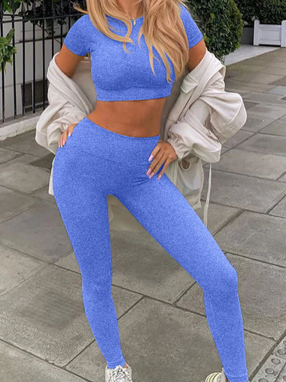 Conjunto de yoga de verano para mujer, cuello redondo, cintura alta, levantamiento de cadera, ajustado, moldeador, conjunto deportivo de dos piezas para fitness