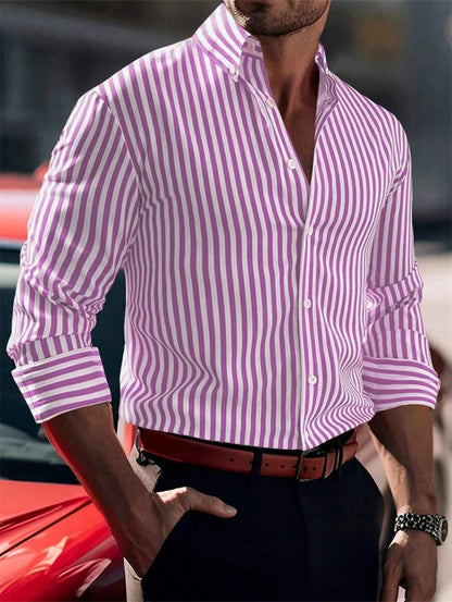 2025 new men's classic striped checkered long sleeved shirt men's classic pink casual fashion shirt top
