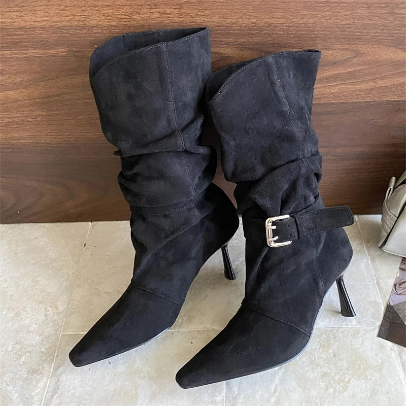 Eilyken Street Style Sexy Thin Heels Women Ankle Boots Punk Pleated Buckle Strap Booties Stripper Party Shoes Zapatos De Mujer
