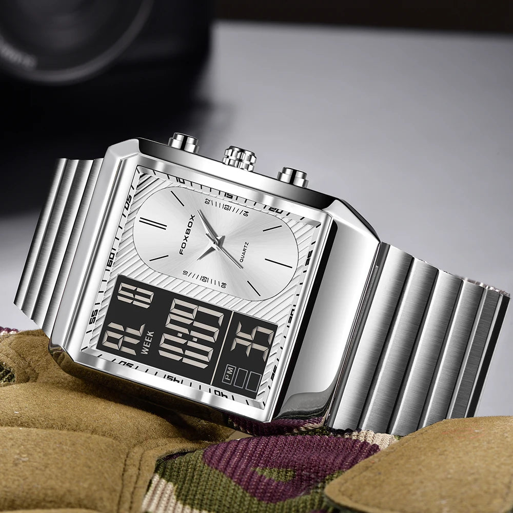 LIGE - Reloj digital cuadrado de moda para hombre, informal, deportivo, resistente al agua, de cuarzo, cronógrafo de lujo de la mejor marca FOXBOX