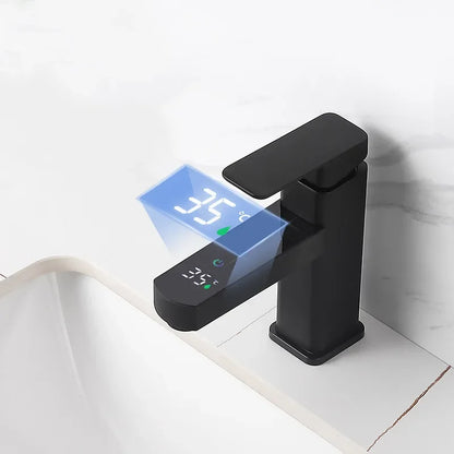 Grifo mezclador digital de temperatura KKTNSG LED para lavabo, con instalación sobre encimera y grifo para agua fría y caliente.