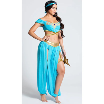 Halloween Fashion Sexy Sky Blue Aladdin Magic Lamp Jasmine Princess Dress Holiday Party Nightclub Stage Performance Costume New