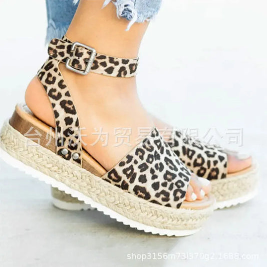 Sandalias de mujer de talla grande, estilo verano 2021, suela gruesa, diseño de hebilla y correa tejida, cómodas cuñas secas de EVA, sandalias romanas