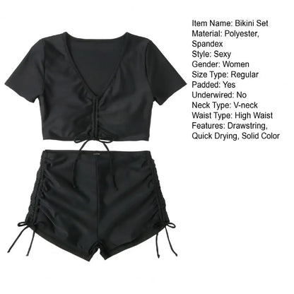 2Pcs/Set Swimsuit for Women Bikini Set V-Neck Short Sleeve Tops High Waist Drawstring Swimming Trunks Quick Drying Swimsuit
