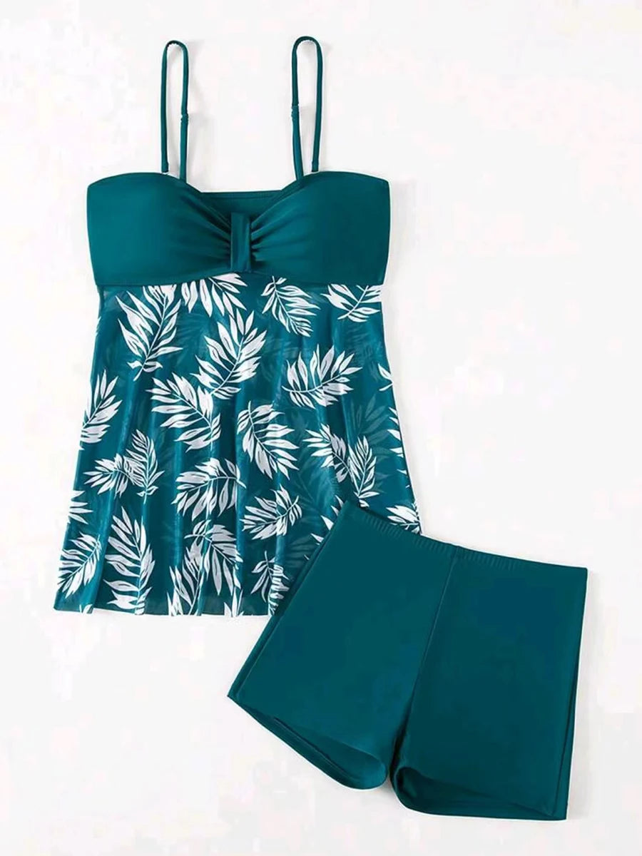 2025 Vestido corto tankini con pantalones cortos traje de baño para mujer traje de baño femenino acolchado estampado traje de baño natación ropa de playa verano