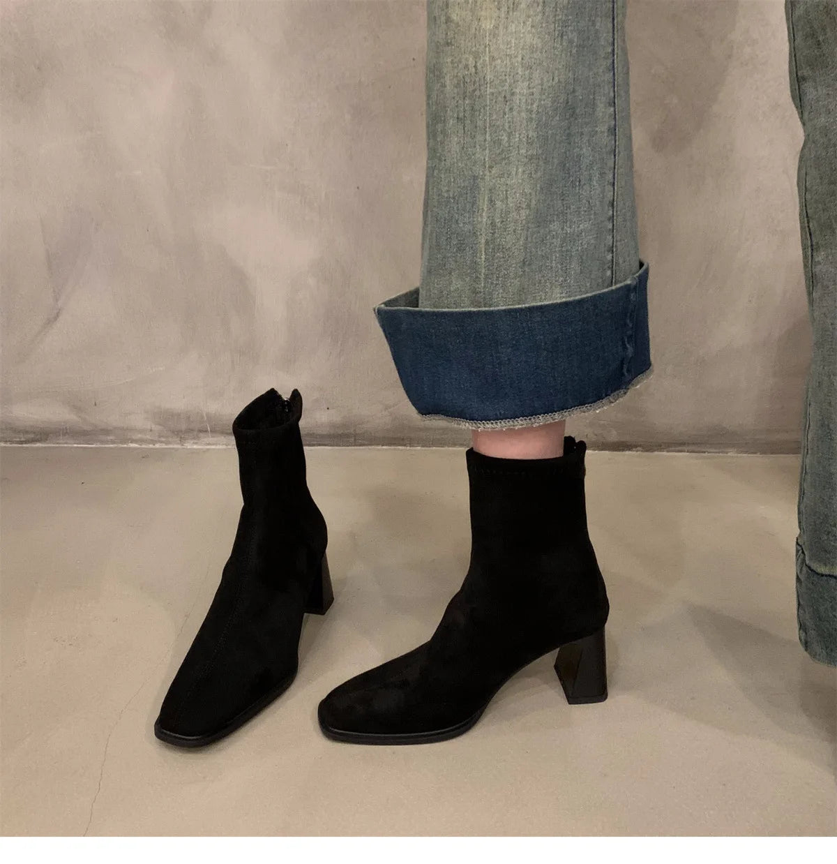 Vintage Women Ankle Boots 2024 Fashion Square Toe Thick High Shoes Autumn Winter New Ladies Elegant Stretch Slim Short Booties