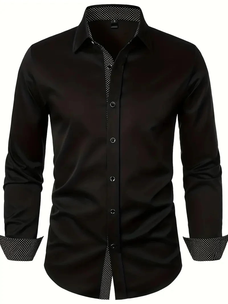 Spring Men's Long Sleeve Shirt Fashion Vintage Texture Print Long Sleeve Shirt Men's Flap-Collar Shirt Top Office Suit