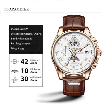 LIGE 2024 - Nuevo reloj de cuero azul para hombre, marca de lujo, resistente al agua, deportivo, con fecha, de cuarzo, Masculino