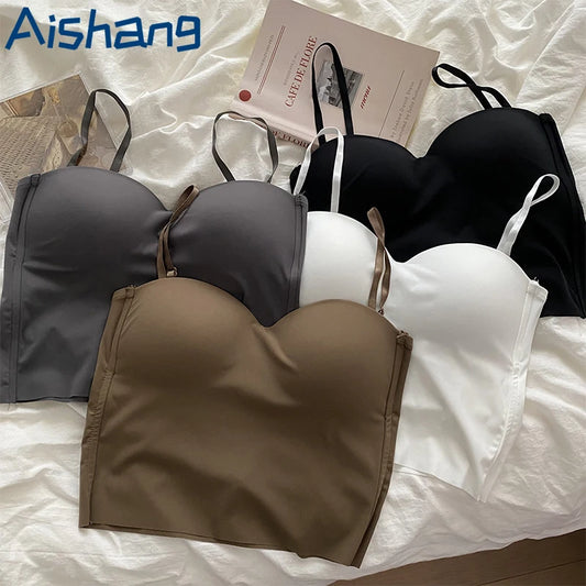 Aishang - Camiseta interior de seda fina sin tirantes para mujer, con espalda francesa, copa fija integrada, para uso exterior, con efecto envuelto en el pecho