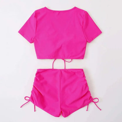 2Pcs/Set Swimsuit for Women Bikini Set V-Neck Short Sleeve Tops High Waist Drawstring Swimming Trunks Quick Drying Swimsuit