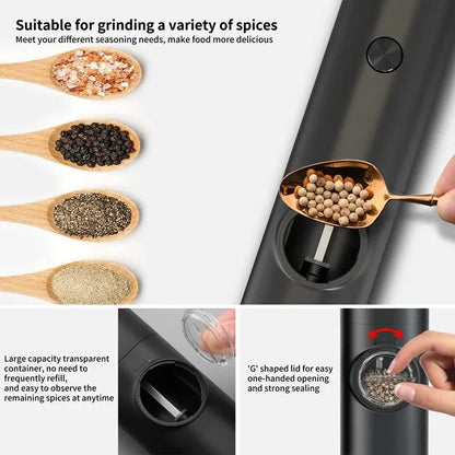 Molinillo eléctrico automático de pimienta y sal con luz LED y grosor ajustable. Fabricantes asociados.