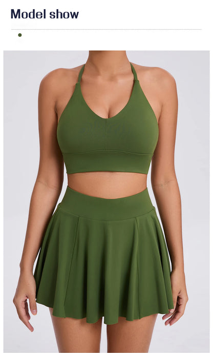 Conjunto de yoga para mujer, sujetador deportivo para exteriores, falda de tenis antiexposición, camiseta sin mangas de yoga transpirable de secado rápido, novedad de 2025