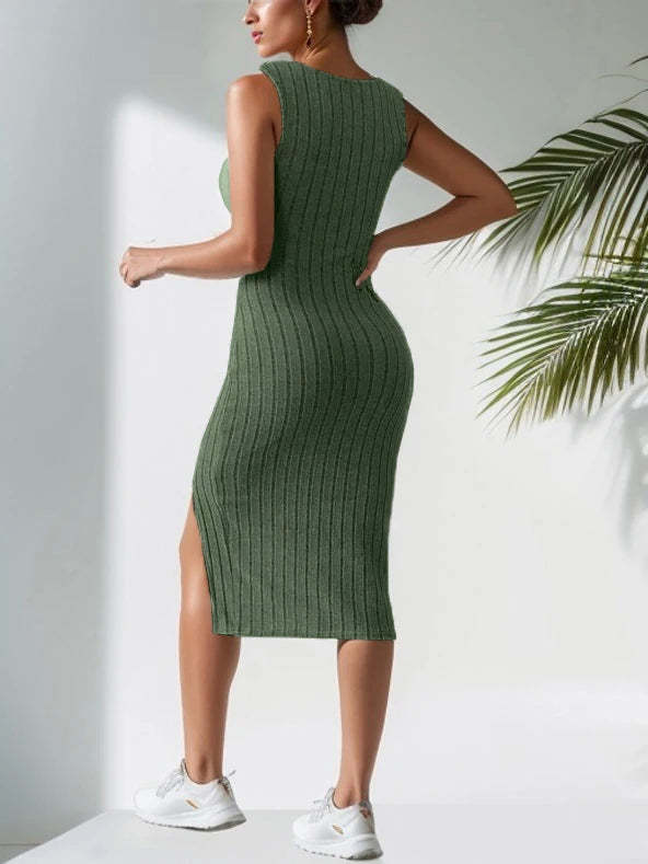 Nuevo vestido sin mangas con tirantes, falda corta con abertura lateral, falda sexy con escote cuadrado