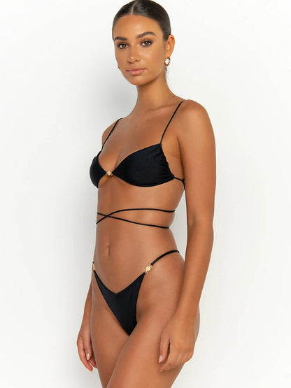 Traje de baño para mujer, bikini sexy de un solo color con lazos, tangas, trajes de baño de color liso, ropa de playa, bikini brasileño de verano 2024
