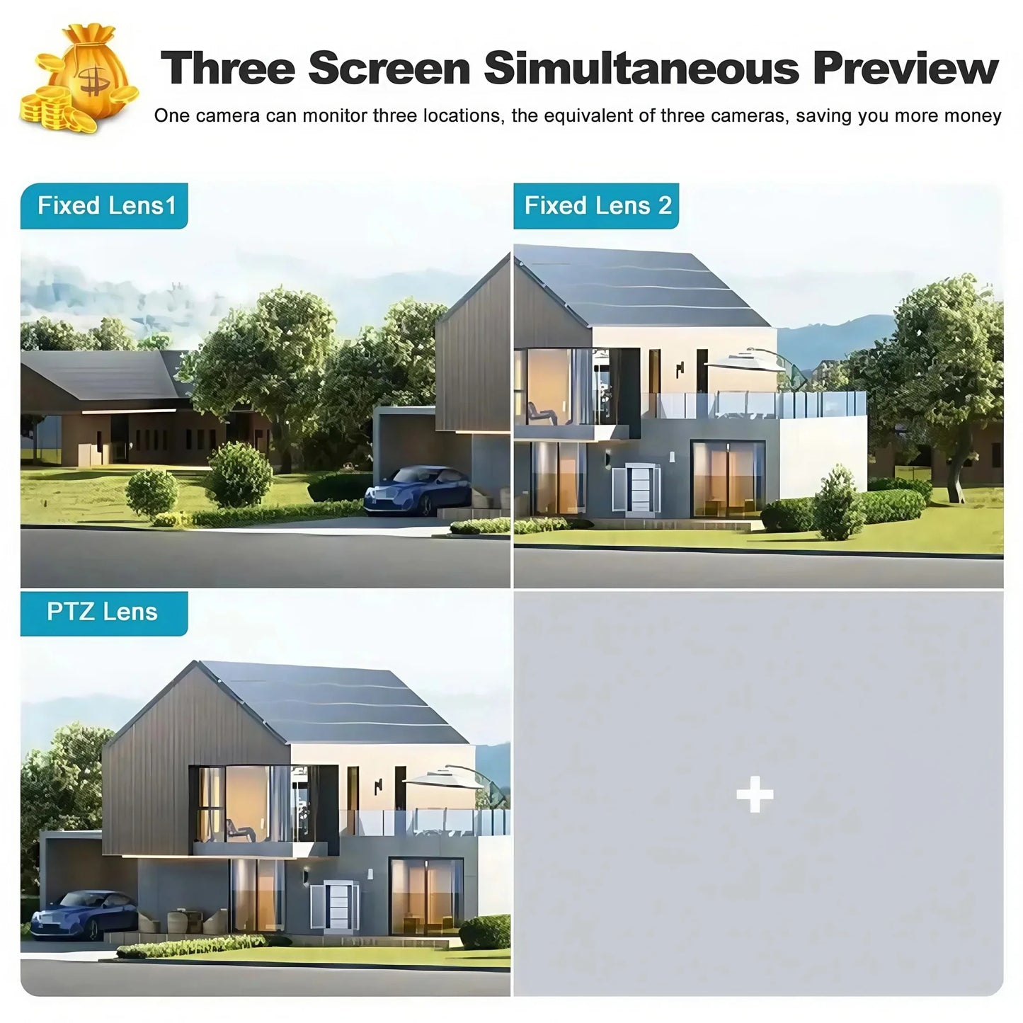 Cámara solar inalámbrica WiFi DIFANG V380 Pro para exteriores con tres pantallas, tarjeta SIM 4G y batería. Sistema de videovigilancia solar con tres lentes y batería.