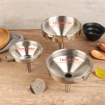 Embudo de acero inoxidable 304 de 10 cm, 12 cm y 14 cm para cocina, dispensador de aceite, vino y líquido con colador extraíble.