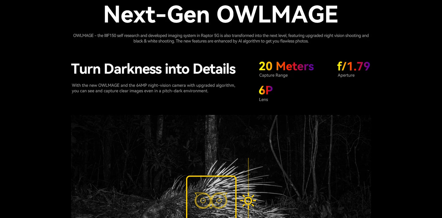 Smartphone resistente IIIF150 Raptor 5G con Android 14, pantalla AMOLED de 6,78" y 120 Hz, 16 GB de RAM + 512 GB de almacenamiento, cámara de 50 MP, batería de 10000 mAh y 65 W.